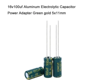 Adaptateur secteur condensateur électrolytique en aluminium 16v100uf or vert 5 x 11 mm - Photo 1/5
