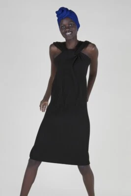 Vestido de noche ROLAND MOURET cuello torcido acorde plisado midi ceñido al cuerpo negro Reino Unido 12 Foto 1 de 4