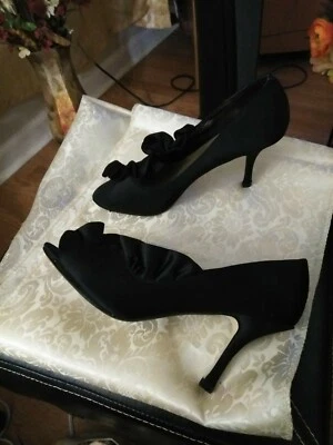 Ann Marino Black Satin Elegant Sandal Pumps With Ruffles Size 7.5 - Image 1 of 4