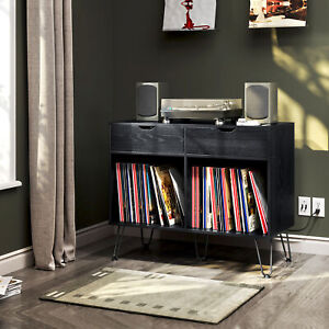 TC-HOMENY Record Player Stand with Charging Station Album Turntable Cabinet