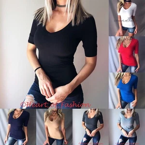 Para mujeres Básica Media Manga Ajustada Adelgazante Elastizada Informal Cuello en V Prenda para el torso Camisa - Imagen 1 de 30