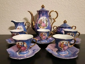 Meissen Vienna China Blue Tea Set 13pcs Leaf Shaped Saucers Courting Couple Vtg - Picture 1 of 15