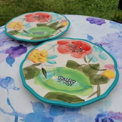 Juego de 2 platos de ensalada vintage flor postre floral 8,5" borde turquesa Pioneer Woman Foto 1 de 4