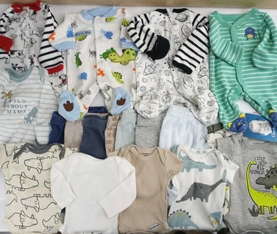 19 Pieces Of  Preemie Baby Boy Clothing. Sleepers,Rompers, Pants &Body Suits - Image 1 of 4