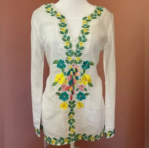 Lilly Pulitzer white tropical long sleeve 100% linen tunic embroidered parrot XS - Picture 1 of 8