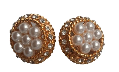 Vintage Gold-Tone Pearl & Rhinestone Dome Buttons 27mm Couture Style Set of Two - Image 1 of 4
