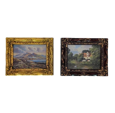 2 Mini Impresiones Artísticas De Colección Paisaje Pastoral Pájaro Tono Dorado Marco Adornado 4.25 x 3.5" Foto 1 de 4