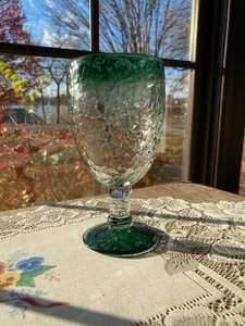 Clear Crackle Frost Juniper Green Rimmed Water Goblet by Libbey 3.6" Diameter - Picture 1 of 7