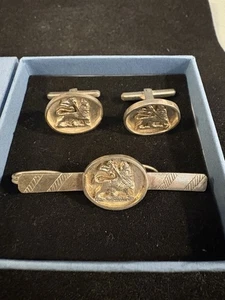 Vintage Sterling Silver Tie Clip Tie Bar & Cuff Links Set Royal Lion 17.3g - Picture 1 of 3
