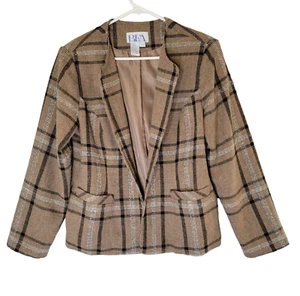 Vtg BEA Classics Blazer Womens 12 Wool Blend Neutral Plaid Lined Brown Office - Picture 1 of 11