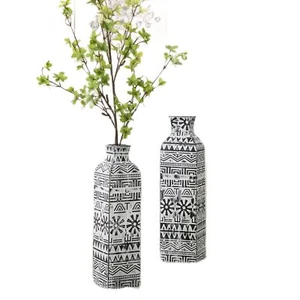 White & Black Flower Vase Decorative Set of 2 Tall Metal Floor Vase Rustic Ro... - Picture 1 of 7