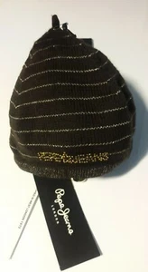 PEPE JEANS ANTONI HAT BONNET EN LAINE COLORIS BRUN AVEC RAYURES DORÉES - Picture 1 of 11