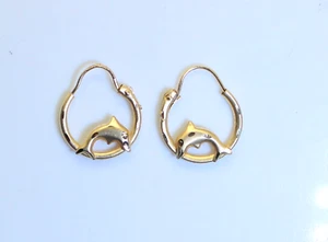Small/Tiny 14K Gold Adult/Teen/Child Diamond Cut Dolphin Hoop Earrings - Picture 1 of 4