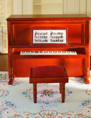 1/12 Muebles para Casa de Muñecas Equipo de Música Piano y Taburete Set Caoba Elegante Foto 1 de 3