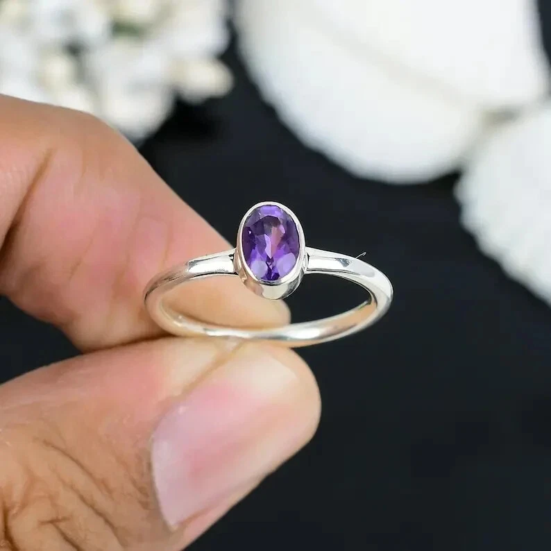 Real 950 Platinum Bezel Set Pretty Ring With Purple Oval Cut Simulated Amethyst - Image 1 of 4