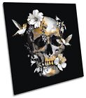Skull Humming Birds Floral Print CANVAS WALL ART Square Picture Black