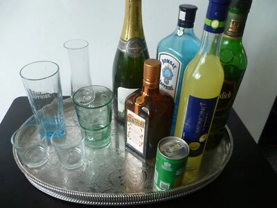 Antique, Large Oval Fretted Gallery, Silver Plated Copper Drinks Tray / Platter - Image 1 of 4