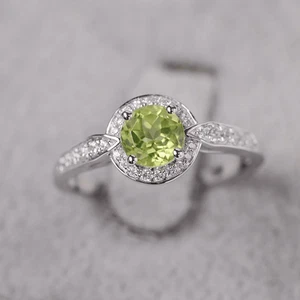 Solitaire Peridot Halo Ring Natural Round Gemstone 925 Sterling Silver Ring - Picture 1 of 5