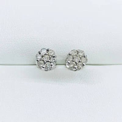 0.12 Ct 10k White Gold Round Cut Natural Diamond Flower Halo Stud Earrings  - Image 1 of 4