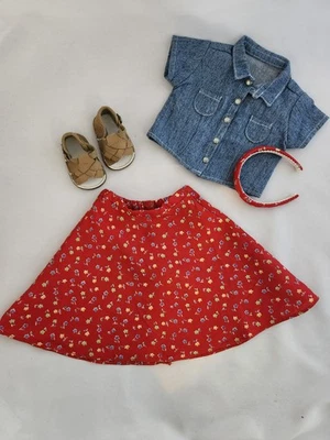 AMERICAN GIRL - PLAY OUTFIT - SKIRT, DENIM SHIRT, SANDALS and HEADBAND  - EUC - Image 1 of 4