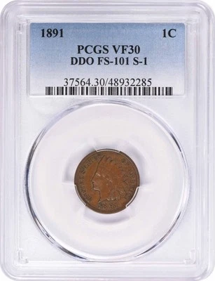 1891 Indian Cent DDO FS-101 VF30 PCGS - Image 1 of 2