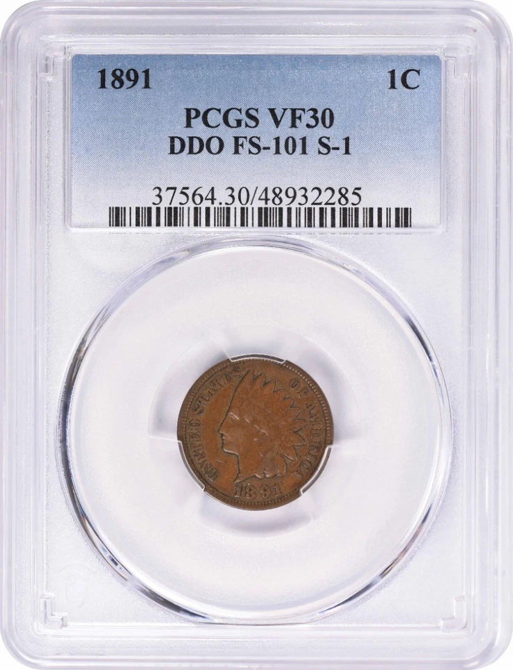 1891 Indian Cent DDO FS-101 VF30 PCGS - Image 1 of 2