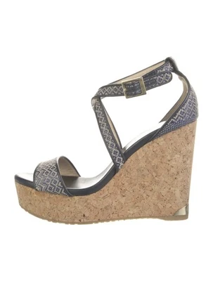 Sandalias Jimmy Choo Portia Azul Marino Mármol Corcho Tacones de Cuña Correa al Tobillo 40.5 Foto 1 de 4