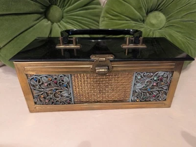 Rare Vintage Art Deco 40s Black Lucite Brass Rhinestone Purse Clutch Wilardy? - Image 1 of 4