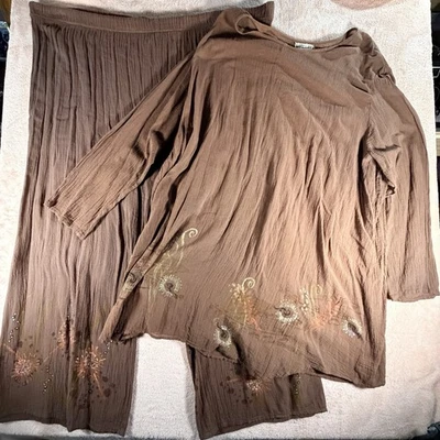 Pantalones camiseros pintados a mano Blue Fish Barclay para mujer 2 piezas de algodón marrón de colección leer Foto 1 de 4