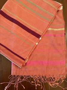 TALBOTS Woven Coral Metallic Gold Scarf Wrap Striped 11”x70”  Fringe NWT 639 - Picture 1 of 10