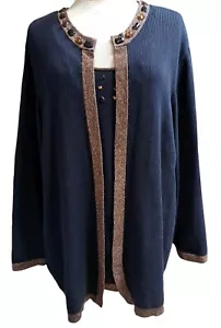 Maggie Barnes 2Fer Sweater Top Womens 2X 22/24W Black Beaded Cotton Preppy Artsy - Picture 1 of 6