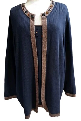 Maggie Barnes 2Fer Sweater Top Womens 2X 22/24W Black Beaded Cotton Preppy Artsy - Image 1 of 4