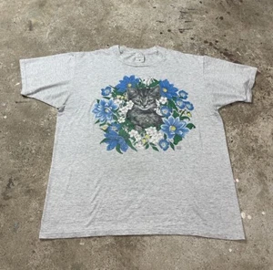 Vintage 90s Cat T-shirt Size Large Floral Kitten Flowers Indie Retro Cute Animal - Picture 1 of 4