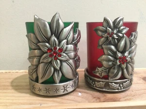 2 red green Glass Candle Holder Pewter Poinsettia jewelled frames Christmas - Picture 1 of 6