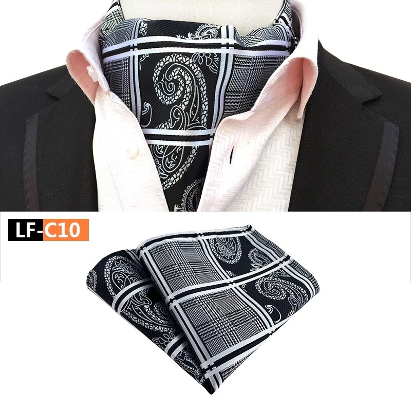 Clásico Para Hombre Ascot Corbata Corbata Seda Paisley Negro Blanco Bufandas Corbata Hanky Set Foto 1 de 1