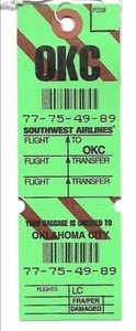 Airline Baggage Tag - Southwest - OKC - Oklahoma City - Unused Obsolete (BT459) - Bild 1 von 1