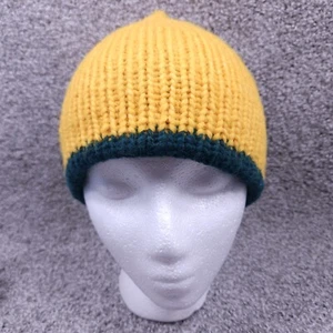 Handmade Beanie Hat Adult S Green Yellow Cable Knit Reversable Warm Winter Cap - Picture 1 of 5