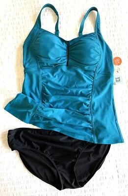 NWT 2pc Set, Tankini & Bottoms, Tummy Control  SPF50 Swimwear, Teal, M/14 - Image 1 of 4