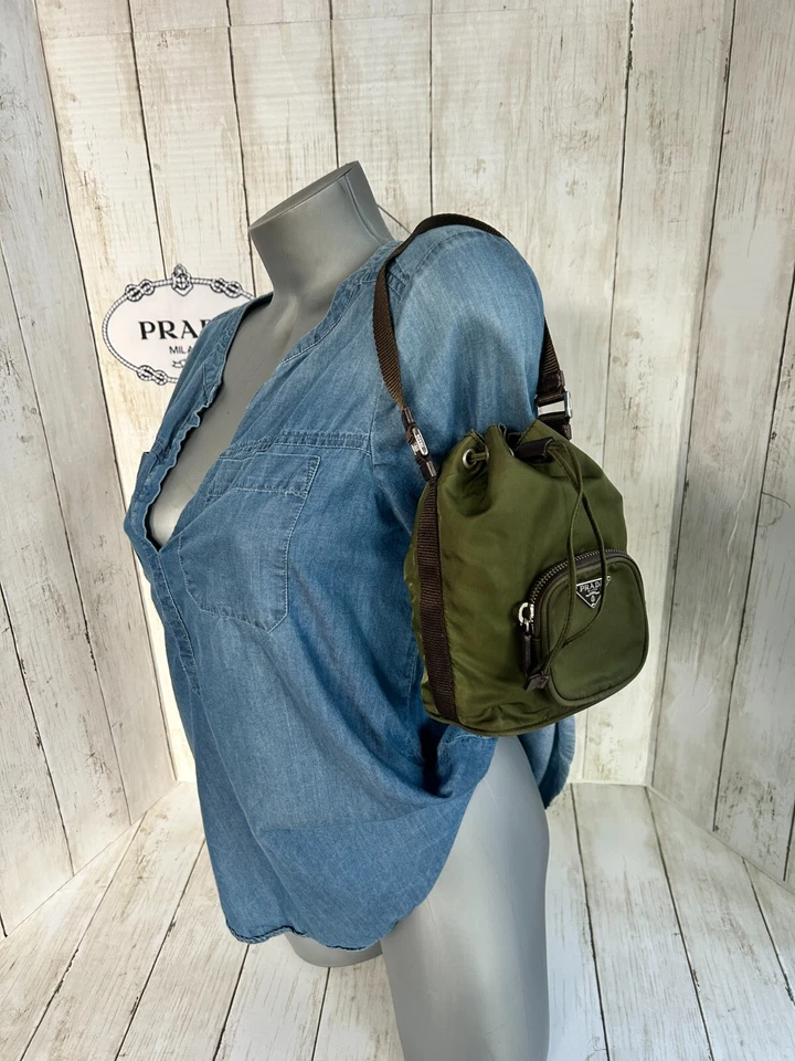 PRADA Mini DUET GREEN VELA NYLON  BROWN Saffiano Trim Drawstring Bucket # 31 /28 - Image 1 of 4