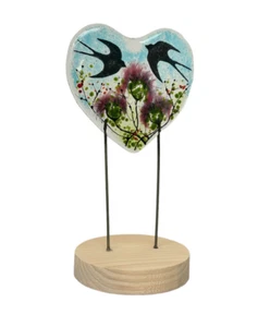 Handmade Fused Glass Standing Wooden Base Swift & Scottish Thistle Love Heart - Picture 1 of 1