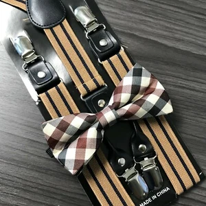 Light Brown 4 Clip Suspender + Clip on Bow-Tie Matching Set for Men Women - Picture 1 of 4