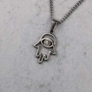 Hamsa Evil Eye Pendant Chain Necklace Hand of Fatima Protection Stainless Steel - Picture 1 of 5