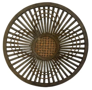 Vintage MCM Wicker Rattan Shallow Basket 14” Wide Bent Wood Dark Wood - Picture 1 of 7