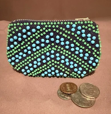 Bolsa de troca pequena vintage com miçangas de pano, cor turquesa/contas verdes claras - Imagem 1 de 3