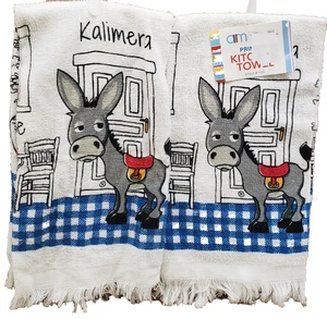 Set of 2 Same Kitchen Printed Towels (15"x25") GREECE, GREY DONKEY, KALIMERA, AM - Picture 1 of 11
