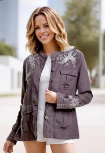 Johnny Was Sz XL Grey Linen Field Jacket Embroidered Top Worker Coat Military - Picture 1 of 16