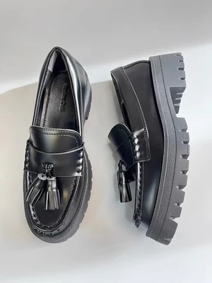 Massimo Dutti Mujer Negro Borla Mocasines Plataforma Sin Cordones Cuero Genuino Zapato Foto 1 de 4