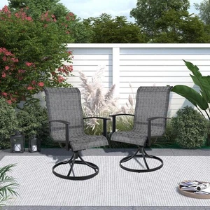 2-Piece Metal Outdoor Swivel Dining Chairs with Black and Gray Check Cushions - Picture 1 of 7