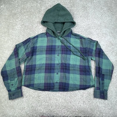American Eagle Cropped Green Blue Plaid Flannel Hoodie grunge 90s small - Image 1 of 4