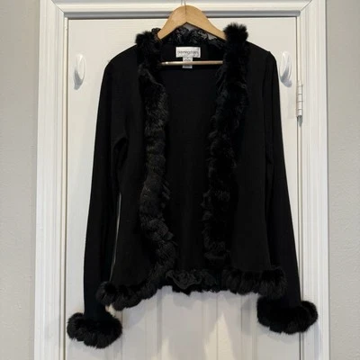 Vtg Bloomingdale’s Cardigan Women’s M Black Cashmere Silk Fur Lace Trim Y2K 90s - Image 1 of 4